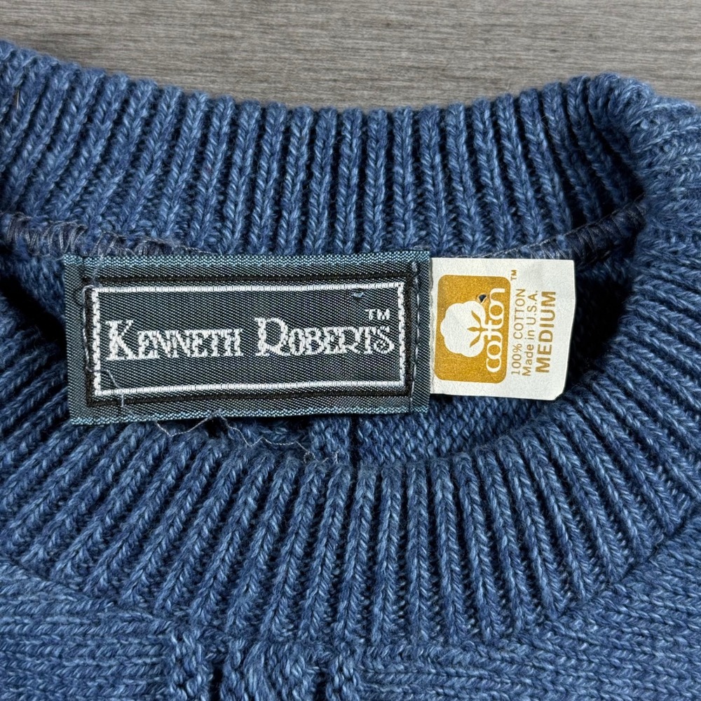 Kenneth Roberts Sweater Medium Blue Vintage Colorblock Cable Knit Cotton - Picture 4 of 6